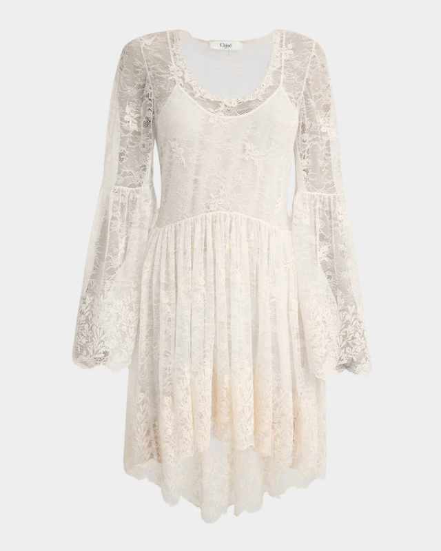 Lace U-Neck Long-Sleeve Mini Dress